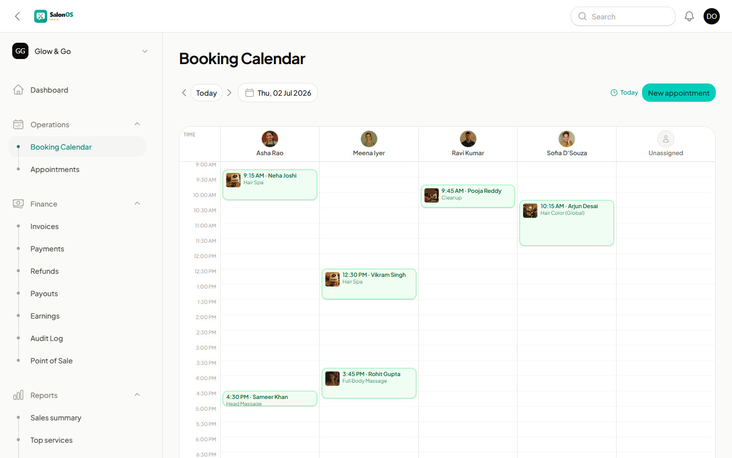 SalonOS booking calendar — one column per stylist, appointments through the day