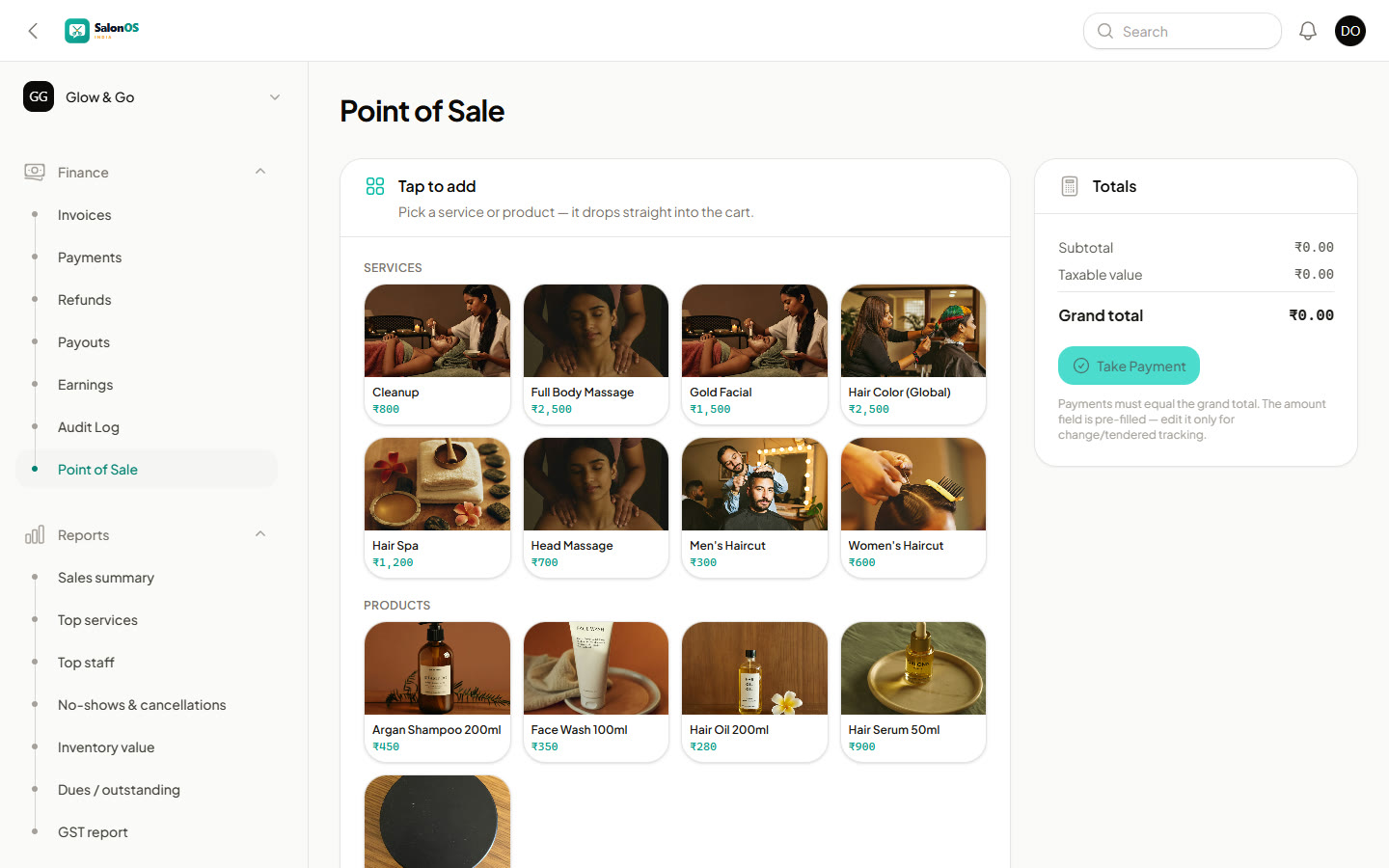 SalonOS point of sale — tap-to-add services and products with live GST totals